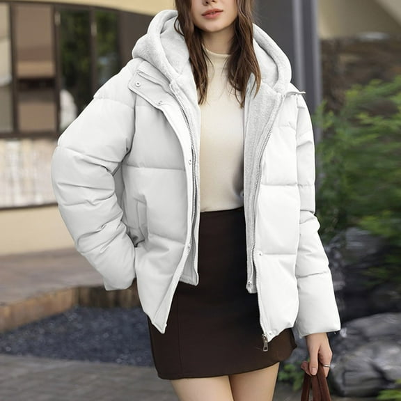 Miluxas Women's Warm Winter Puffer Coat Thicken Cotton Padded Jacket Solid Color Long Sleeve Hooded Snow Parka White XL(XL)