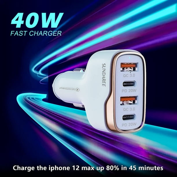 Chargeur Voiture USB C,4 Port 40W 12V-24V Type C PD&QC Rapide Charge Allume  Cigare USB Automobile Chargeurs pour Samsung Galaxy A02S M12/iPhone  12/Xiaomi Redmi 9C Note 10/POCO F3/Huawei/Oppo 