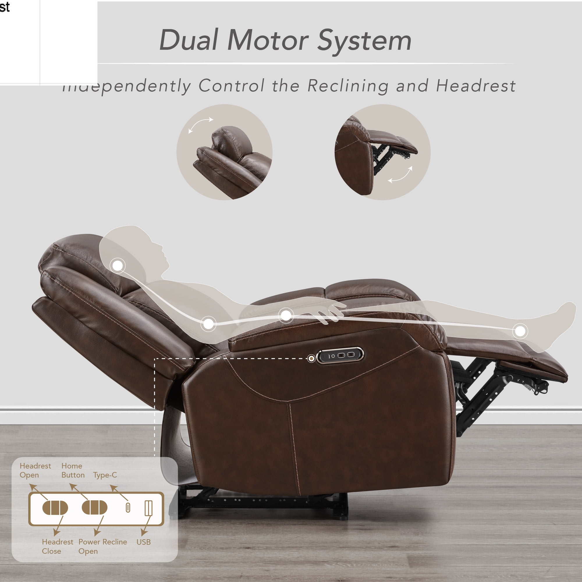 Spruce & Spring Genuine Leather Wall Hugger Power Recliner with Dual Motors, Brown-Medium