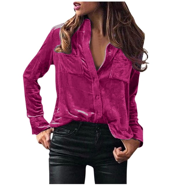 FAIWAD Womens Velvet Vintage Shirts Long Sleeve Button Down Blouses with Pockets Plus Size Velour Tops