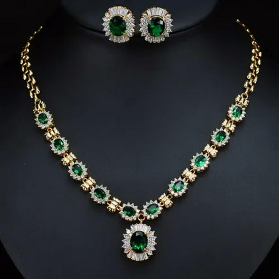 Red Cubic Zircon Necklace Earrings Gold Plated Women Wedding Luxury Jewelry Set