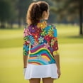 thumbnail image 5 of Uorisanigo Colorful Hippie Flowers Athletic Polo Workout Tops for Women Fashionable Zipper Neck Quick Dry Athletic Polo Shirts Stylish 3/4 Roll Sleeve Outing Wear for Workout Sports, 5 of 7