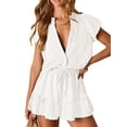 thumbnail image 2 of Summer Rompers for Women 2026 V Neck Short Sleeve Button Up Ruffle Jumpsuit Outfit with Pockets White S, 2 of 9