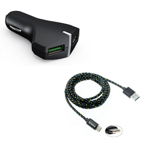 2-Port USB 36W Fast Car Charger w Charger Cord Type-C 6ft USB Cable A9R for Blackberry Motion, Key2, KEYone, LE - BLU G9, Vivo XI Plus 5 - CAT S61 S48c - Coolpad Legacy