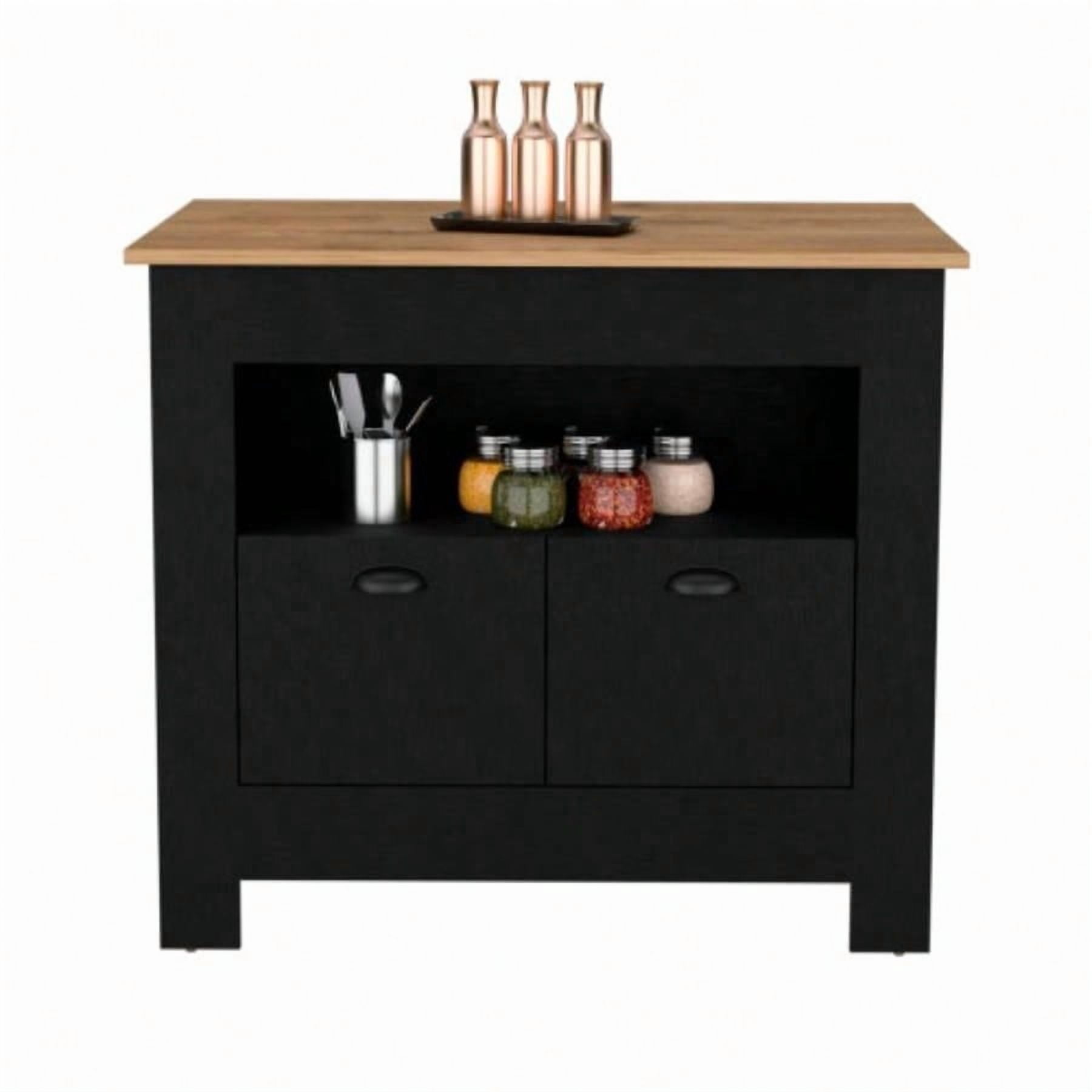 35 Inch High Kitchen Island, 2 Closed Doors & 3 Interior Shelves, Black & Macadamia Finish, Spacious Storage