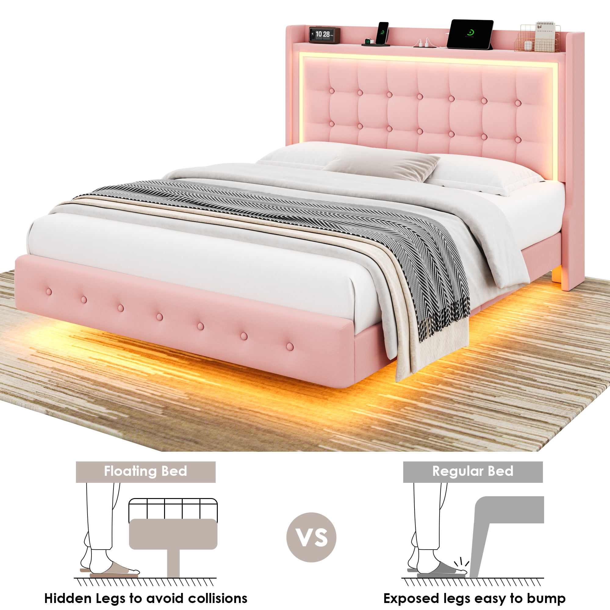 Homfa Full Size Floating Bed with RGB LED Lights Charging Station, Velvet Upholstered Platform Bed with Storage Headboard, Pink
