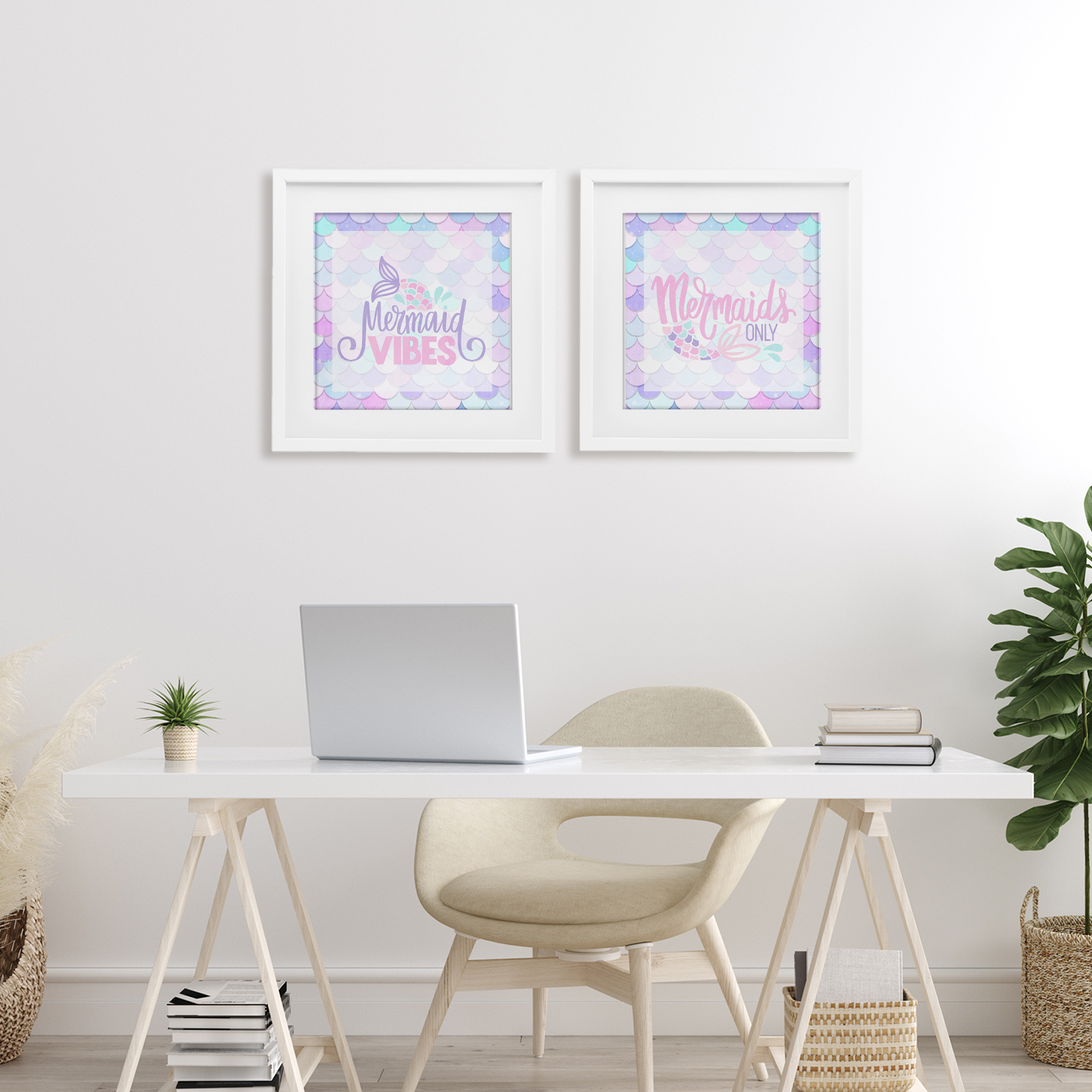 Dreamy Mermaid Phrases with Scales 2 Piece White Framed Print Under Glass Set, design by Kim Allen