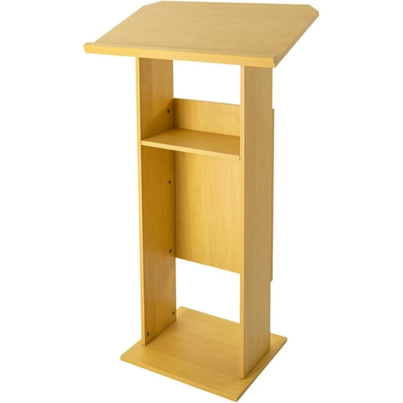 Podium Stand Mobile Lectern Podium with Storage Shelf, Hostess Stand Desk Wooden Speaking Lectern for Churches, Lectern Classrooms, Office (Oak Color, 15.7 * 26 * 47.7in)
