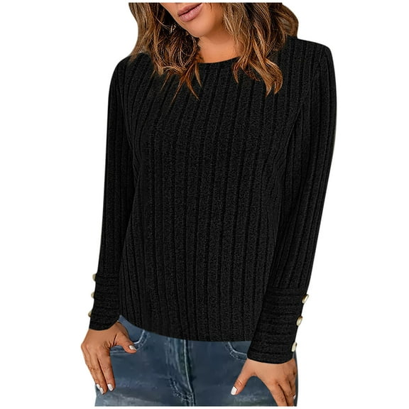 TKLPEHG Womens Tops Dressy Casual Crew Neck Knitted Sweater Long Sleeve T Shirt Fall Tops Fashion Solid Color Lightweight Loose Comfy Blouses Pullover (Black,XL)