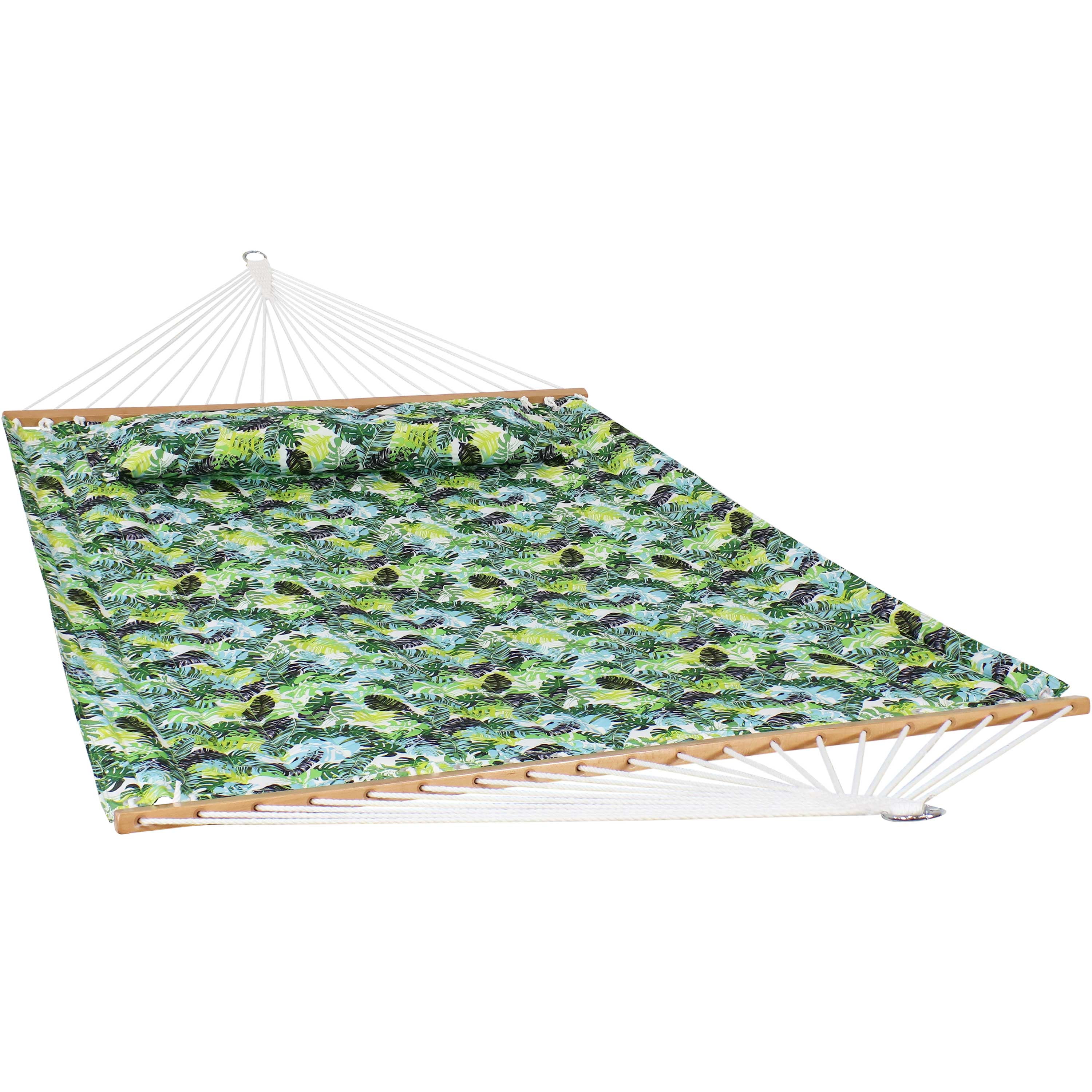 Sunnydaze 2-Person Quilted Printed Fabric Spreader Bar Hammock and Pillow -  Large Modern Cloth Hammock with Metal S Hooks and Hanging Chains - Heavy 
