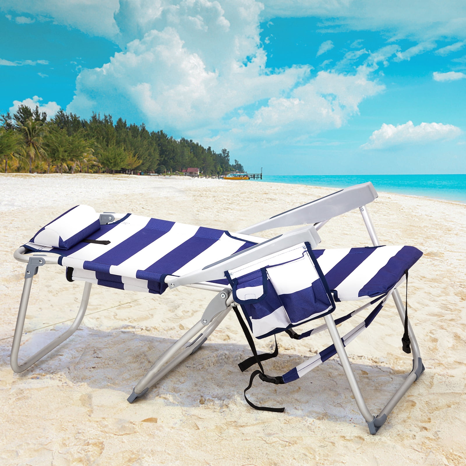 Beach Chair, Heightened Oxford Cloth Silver White Aluminum Tube Bearing Blue Stripes 63*70*99cm