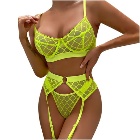 

Hfyihgf Women Lingerie Sets with Garter Belt 3 Piece Lace Teddy Babydoll Bodysuit Sexy Mesh Lace Bra and Panty(No Stockings)(Yellow L)