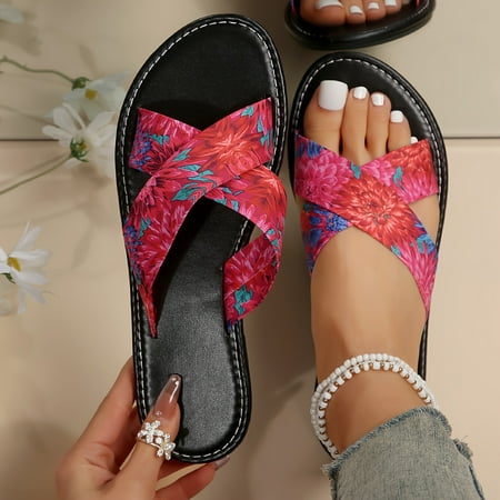

Women s Floral Print Flat Slides Crisscross Open Toe Summer Shoes Stylish Elegant Outdoor Beach Slide Sandals