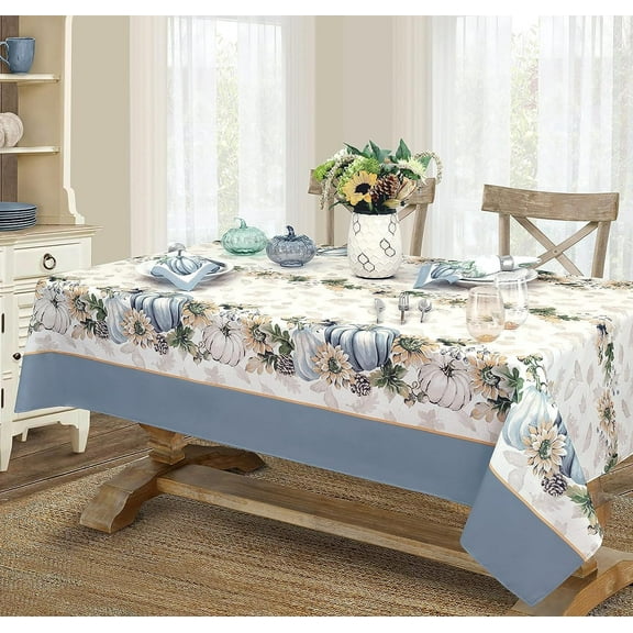 Newbridge Thanksgiving Blue Pumpkin Farmhouse Harvest Bordered 52 x 52 inch Square Fabric Tablecloth