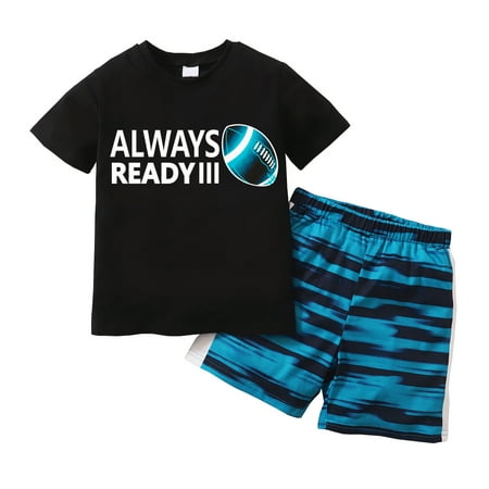 

4T Toddler Baby Boys Clothes Letter Print Short Sleeve T-shirt Top +Stripe Shorts 2Pcs Outfits Set 4-5T Blue