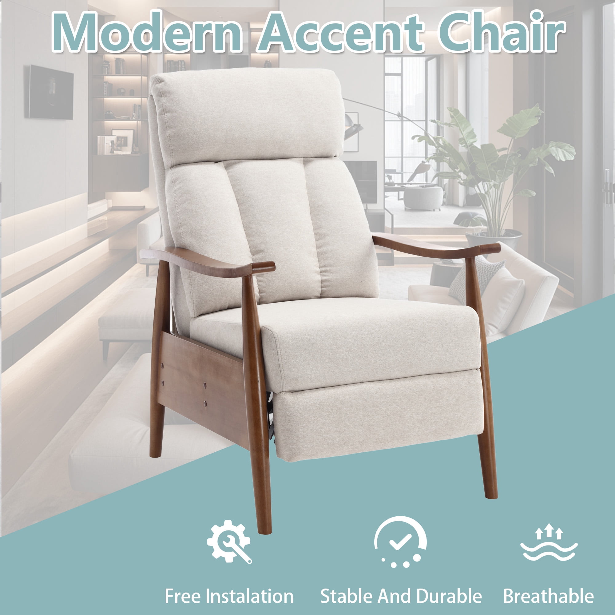 MOONMISS Linen Upholstered Wood Frame Adjustable Recliner Lounge Armchair for Living Room-Beige