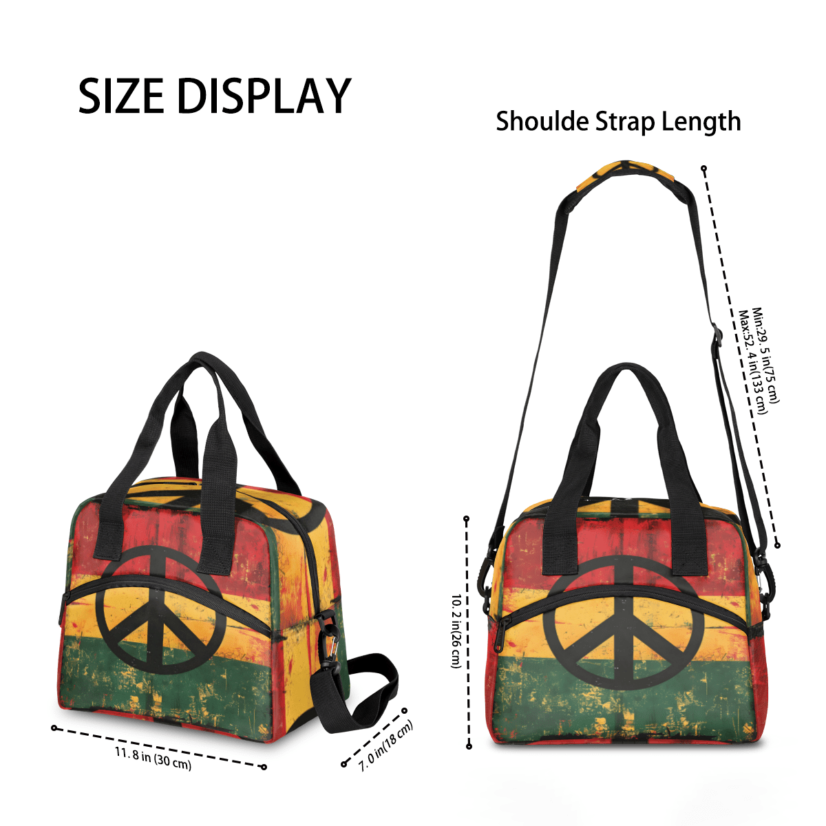 Herdesigns Hippie Peace Sign Insulated Lunch Bag for Women Men Adults Large Reusable Lunch Box Vintage Leakproof Cooler Tote Bags with Adjustable Shoulder Strap