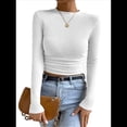 thumbnail image 2 of Tops de Punto Gofre para Mujer, Camisas de Larga, Camisetas Informales Ajustadas con Cuello Redondo, Jerséis L, 2 of 8
