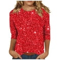 thumbnail image 2 of DDAPJ pyju 3/4 Sleeve Shirts for Women Loose Casual Sequin Print Round Neck Blouse Shirt Shiny Party Tees Fashion Going Out Tunic Tops Red M, 2 of 5