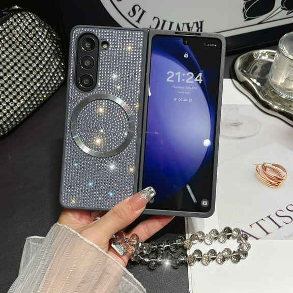 ELEHOLD Bling Magnetic Case for Samsung Galaxy Z Fold 7 2025,Full Rhinestone Crystal Glitter Magnetic Shockproof Cover for Women with Detachable Beaded Wrist Strap,Gray