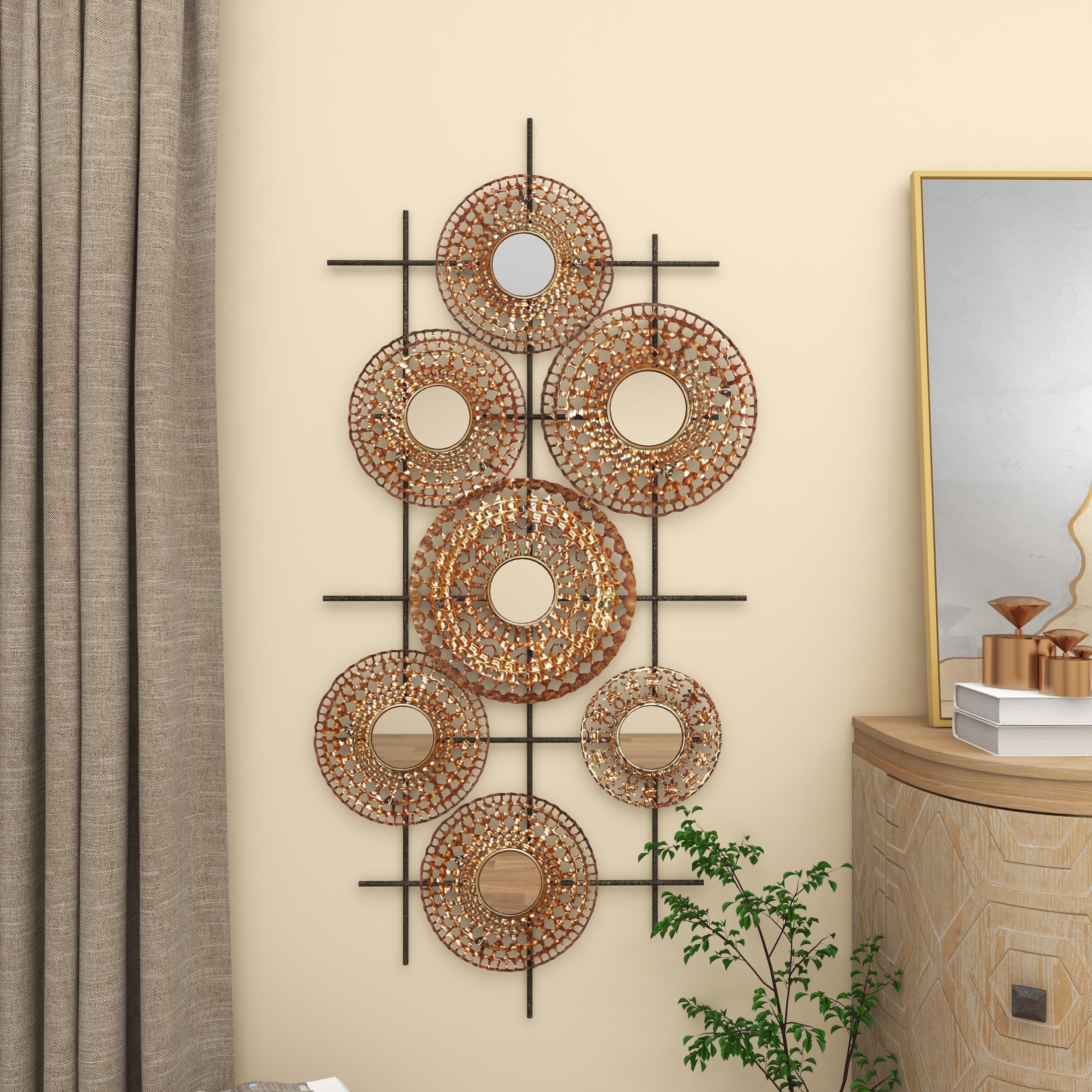 DecMode Bronze Metal Cutout Plate Wall Decor with Round Mirrored Accents and Black Rods