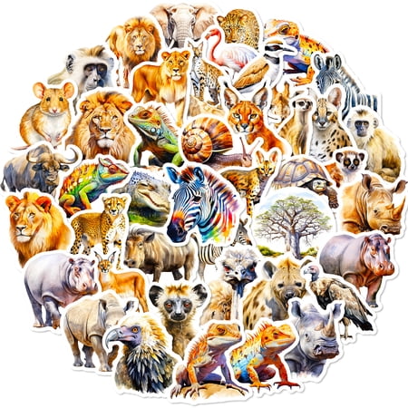 50 Pack Realistic African Animal Stickers - DIY Customizable Waterproof Decorative Stickers for Handbooks Scrapbooks and More