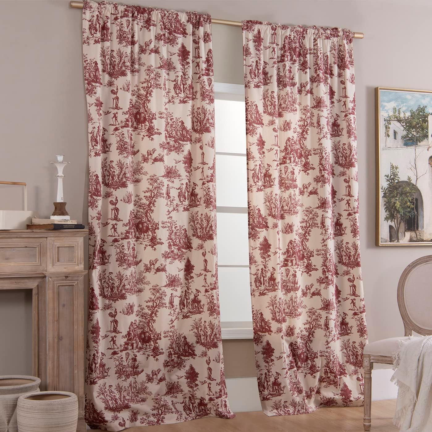 Cream Curtains 63 Inch Length for Bedroom 2 Panels with Farmhouse Red Design Accents Room Decor Paris Toile Farm Cottage Core Wine Maroon Tradtional Flower Sheer Drapes for Living Room 63 Inches Long