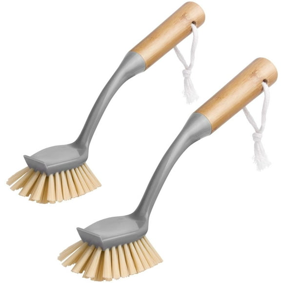 MR.SIGA Radial Dish Brush with Long Bamboo Handle Built-in Scraper, Pack of 2
