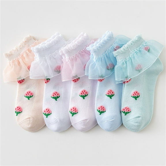 THDHVS Girls Socks,Toddler Socks,Girls Socks Feature Strawberry Print with Lace and Breathable Mesh Panels Soft for Comfortable Fits During Warm Weather Play Light Blue 4-6 Years
