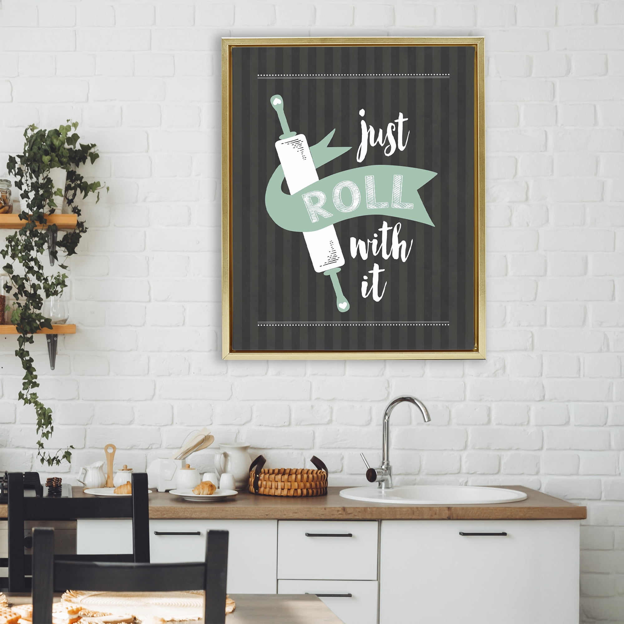 Roll With It Black & Green Gold Framed Floater Canvas Wall Art, design by Lettered and Lined
