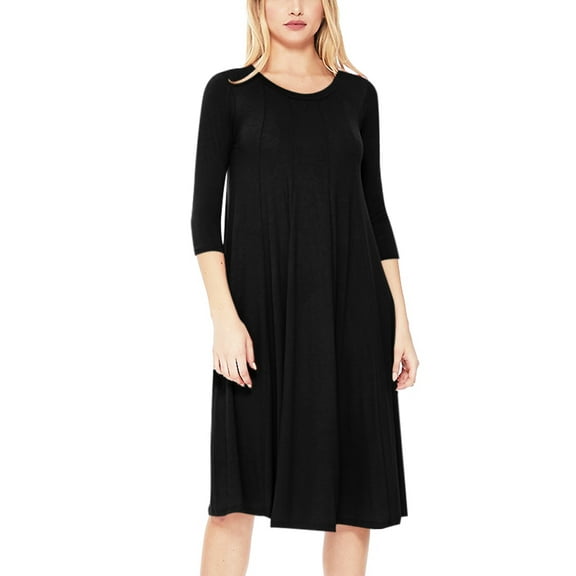 Women's Loose Fit 3/4 Sleeve Round Neck Jersey Knit A-Line Solid Midi Dress