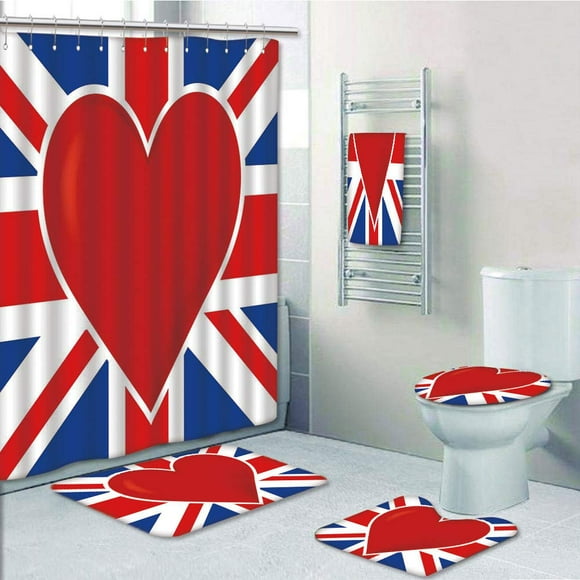 EREHome Union Jack British Flag with a Big Red Heart in Center Nationality Pride Concept 5 Piece Bathroom Set Shower Curtain Bath Towel Bath Rug Contour Mat and Toilet Lid Cover
