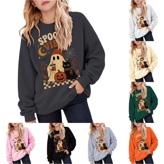 Venzia Women Cute Fall Sweatshirt, Retro Pumpkin Black Cat Cartoon Graphic Crewneck Casual Autumn Pullover Top