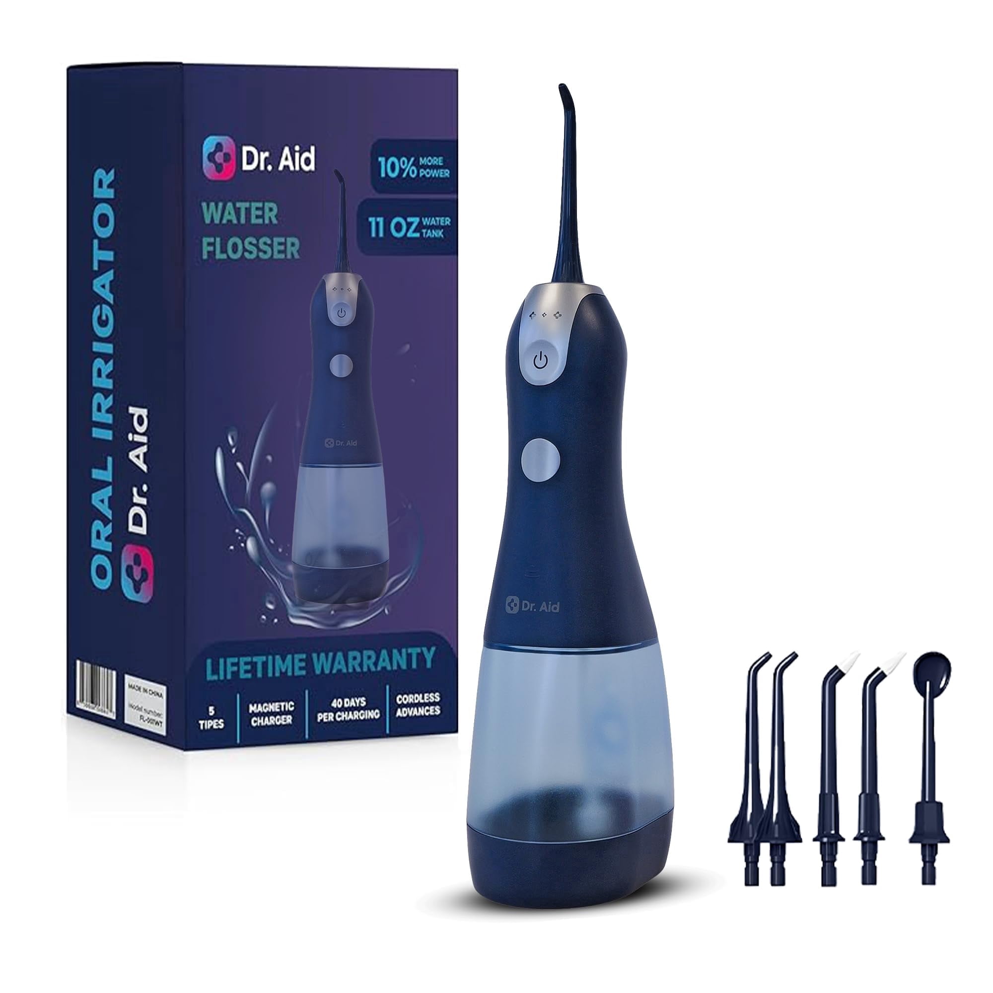 Dr. Aid Dental Water Flosser – Portable Oral Irrigator – 11Oz Tank, Water Filter, 5 Tips, Magnetic Charger – IPX8 Waterproof Cordless Water Flosser, Ideal Water Flossers for Teeth, Gums (Dark Blue)