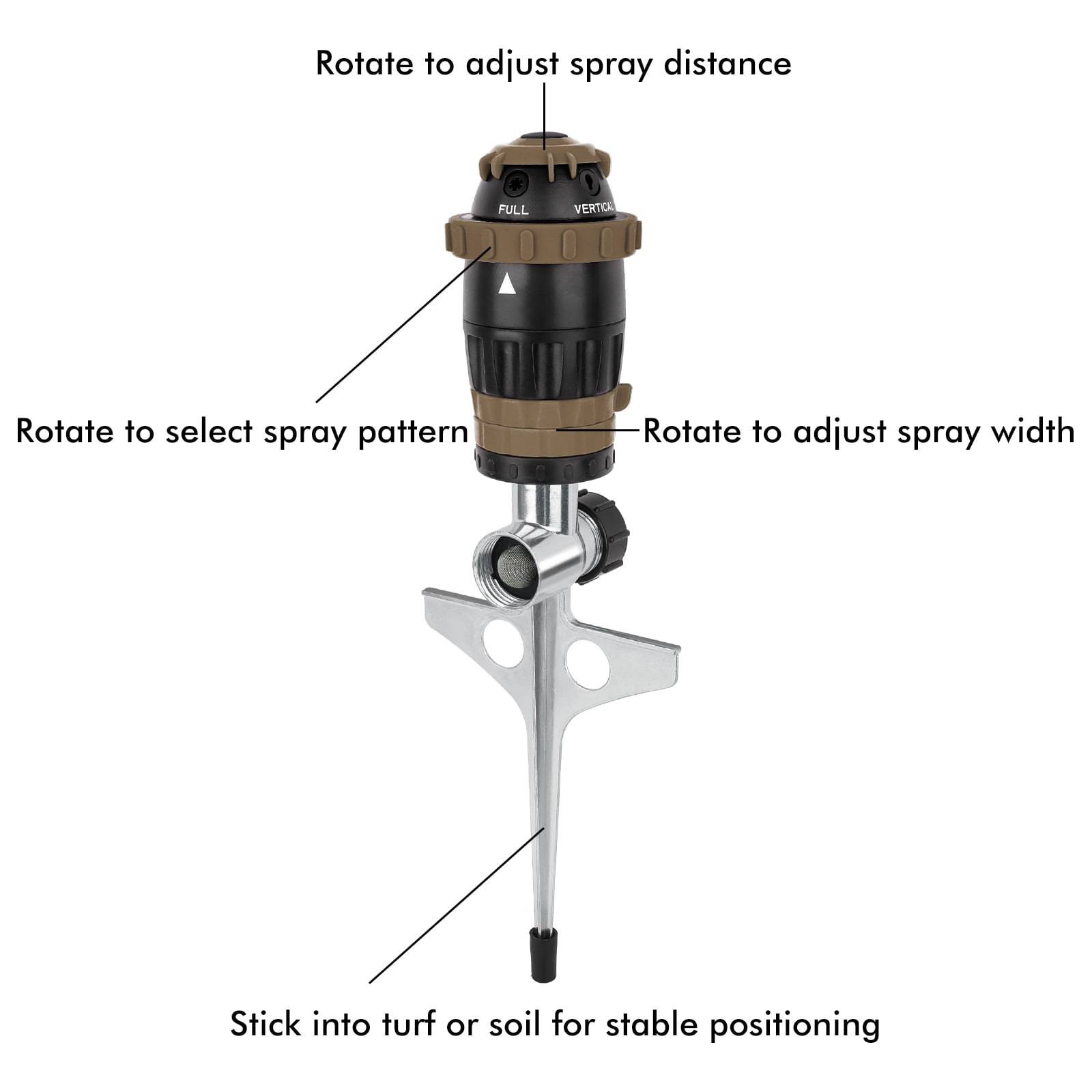 [2 Pack] Restmo Gear Drive Sprinkler with Metal Spike Base, 5-Pattern Heavy Duty Gardening Watering System, Multi-Adjustable Lawn Sprinkle for Garden Plant, Flower Bed and Large Yard Area, Brown