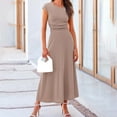 thumbnail image 6 of sunsanly 2 Pcs/Set Women Top Skirt Set Knitted Flying Sleeves Solid Color Elastic O Neck High Waist Casual Pleated A-line Ankle Length Skirt OL Commute T-shirt Skirt Suit, 6 of 7