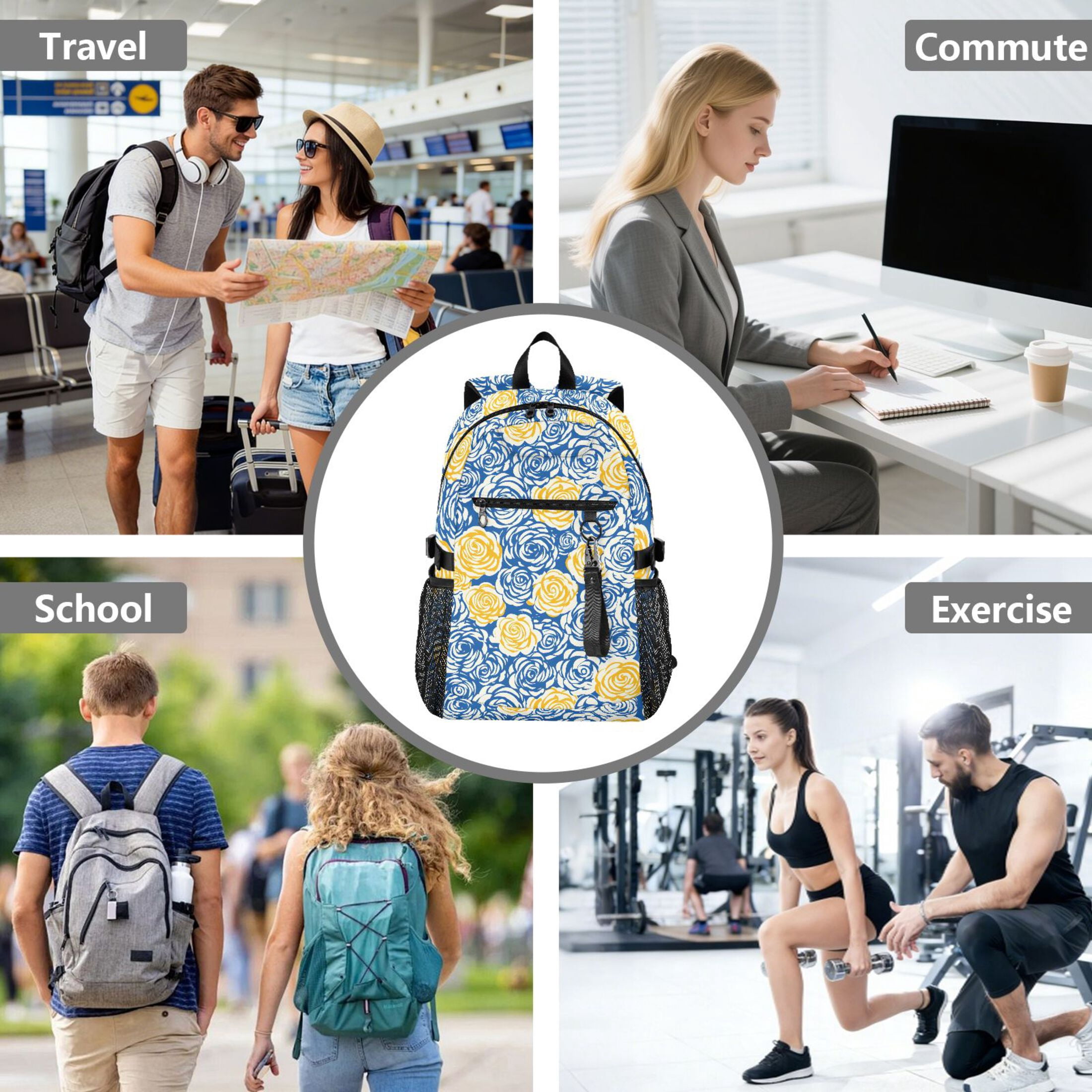 JIALIOU 14" Laptop Backpack Waterproof Airline Approved Stylish Casual Daypack for Travel Business College Work, Blue Yellow Rose