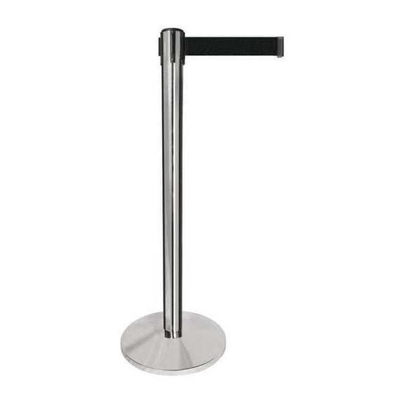 Barrier Post with Belt, Silver, 10 ft Length, 40 in Post Height, No Legend, Polished chrome