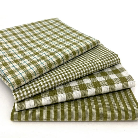 Sage Green Assorted Plaid Gingham Cotton Fabric Bundles - Set of 4 Fat Quarters by JCS