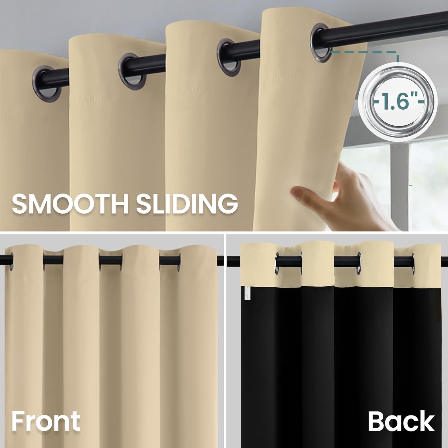 100% Beige Blackout Curtains for Bedroom Living Room 84 Inches Length 2 Panels Set, Full Light Blocking Thermal Insulated Grommet Nursery Window Treatment Drapes with Black Liner,W40 x L84