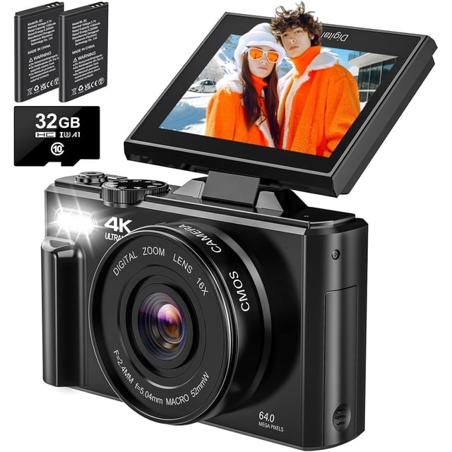 cámara, 4K Ultra HD, pantalla abatible 180°, enfoque automático, zoom digital 16X, para vlog y viajes, con tarjeta SD y baterías