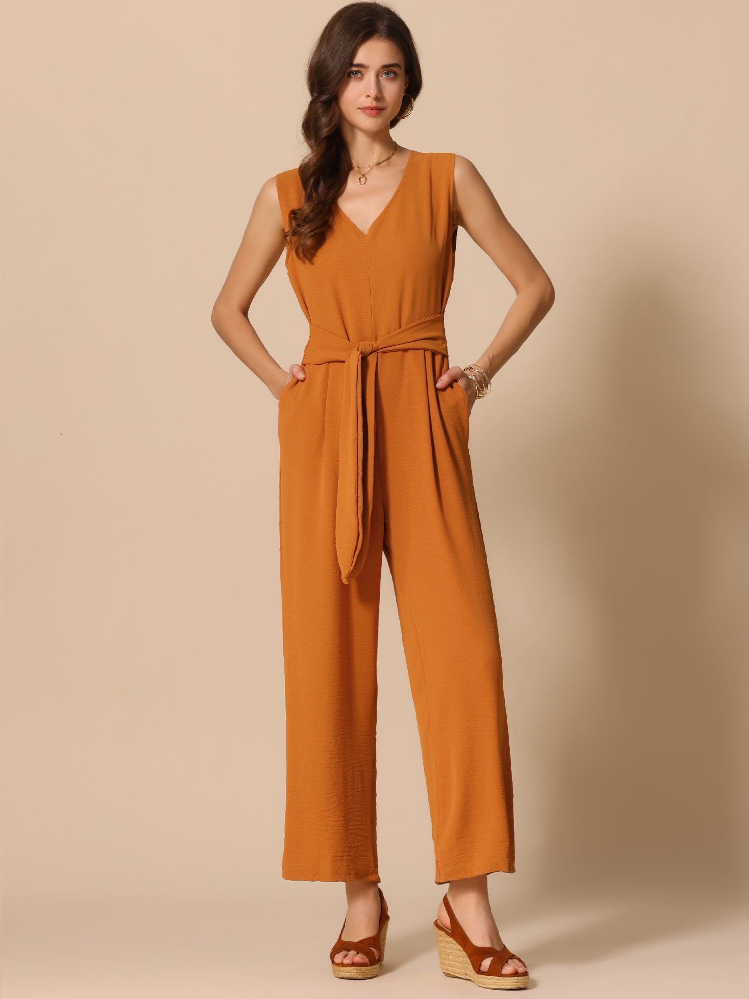 DARING DIVA Women's V Neck Casual Sleeveless Wide Leg Jumpsuit L Orange