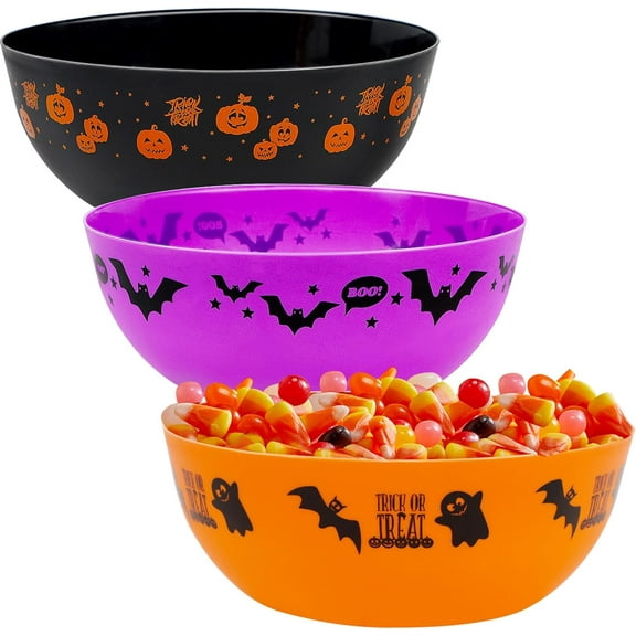 3 Packs Halloween Candy Bowls, 9.6" Plastic Trick-Or-Treat Holders Pattered with Bat Ghost Jack-O-Lantern, Purple Black Orange Treats Serving Trays for Halloween Parties Supplies