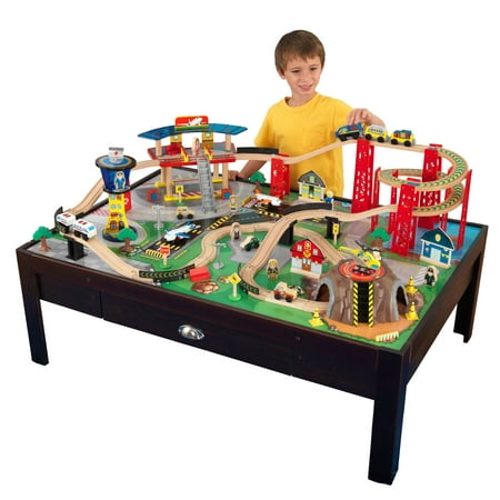 KidKraft Airport Express Espresso Wooden Train Set & Table with 91 Pieces, Storage Drawer