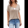 thumbnail image 3 of Camisetas de Corta con Cuello en V y Muescas para Mujer, Blusas de Verano Básicas y Holgadas, Camisetas de Corta 2025 Caqui S, 3 of 8