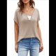 thumbnail image 3 of Camisetas de Corta con Cuello en V y Muescas para Mujer, Blusas de Verano Básicas y Holgadas, Camisetas de Corta 2025 Caqui XL, 3 of 8