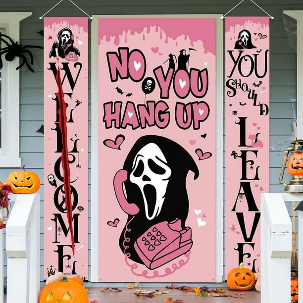 Banner rosa de Halloween, cartel para puerta de entrada con película de terror de Halloween, para decoraciones de puerta de Halloween al aire libre