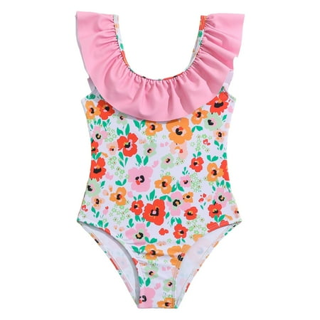 

WUXIAN Toddler Child Swimsuit Girls Swimsuit Large Leaf Edge Broken Flowers Simple Backless Quick Drying Triangle Hot Spring Vacation Infants Baby Beachwear Trendy Swim Wear