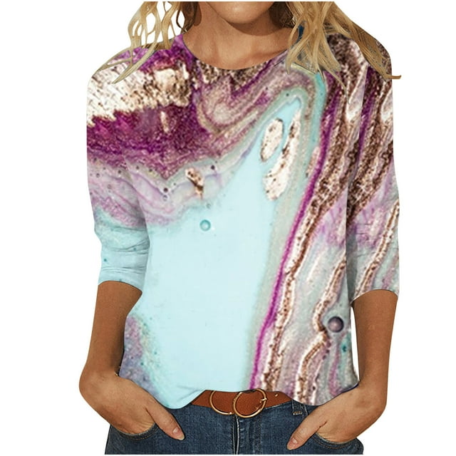 Birdeem Mode Femme Manches Courtes Col Rond Rétro Imprimé Haut Ample Blouse Manches Trois-Quarts