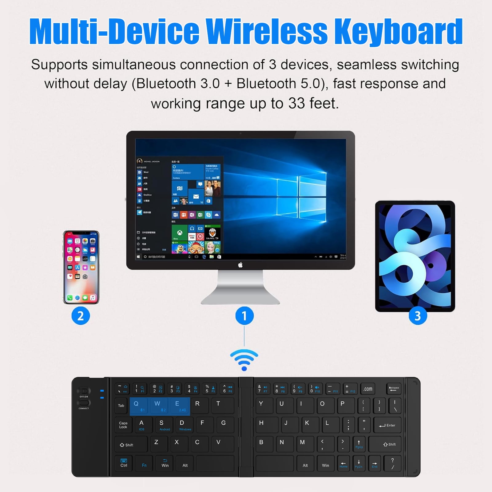 RONY Foldable Wireless Bluetooth Keyboard & Mouse Combo: Rechargeable Portable Travel Keyboard for Phone Laptop Mac Desktop (Black)
